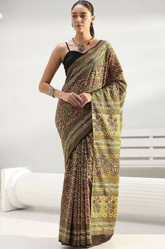olive henna green floral dabu print cotton saree