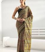 olive henna green floral dabu print cotton saree