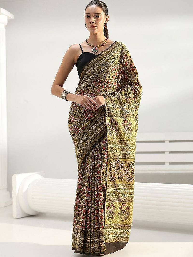olive henna green floral dabu print cotton saree
