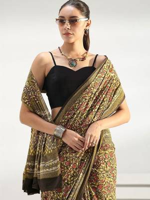 olive henna green floral dabu print cotton saree 3
