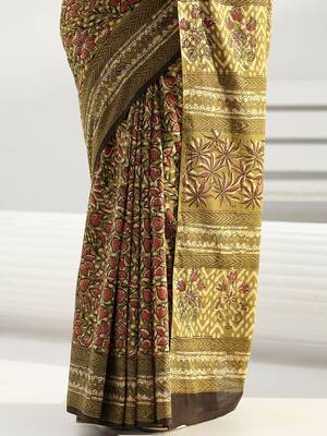 olive henna green floral dabu print cotton saree 5