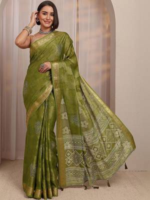 olive floral woven design jacquard saree with unstitched blouse piece 1