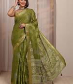 olive floral woven design jacquard saree with unstitched blouse piece