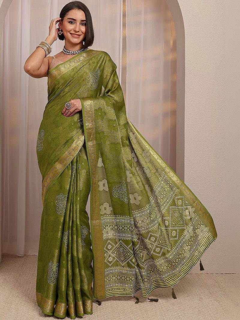 olive floral woven design jacquard saree with unstitched blouse piece