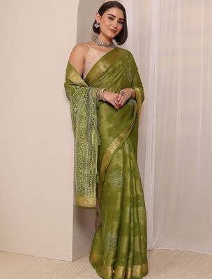olive floral woven design jacquard saree with unstitched blouse piece 2