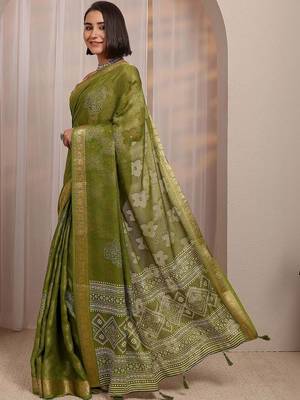 olive floral woven design jacquard saree with unstitched blouse piece 3
