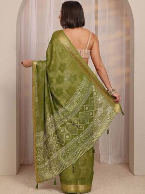 olive floral woven design jacquard saree with unstitched blouse piece 4