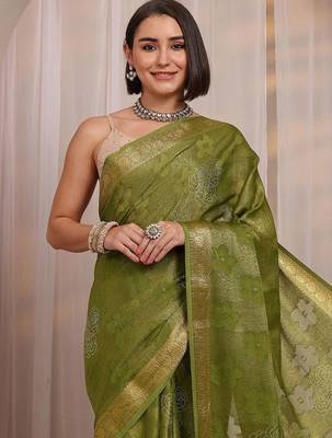 olive floral woven design jacquard saree with unstitched blouse piece 5