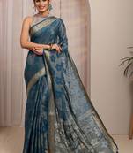 teal floral woven design saree with unstitched blouse piece