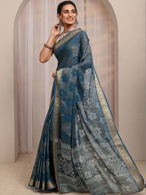 teal floral woven design saree with unstitched blouse piece 2