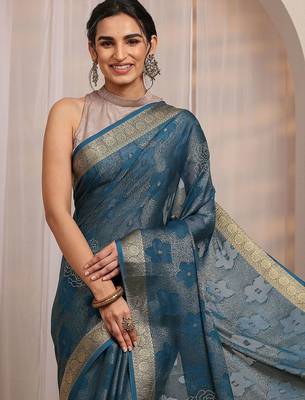 teal floral woven design saree with unstitched blouse piece 3