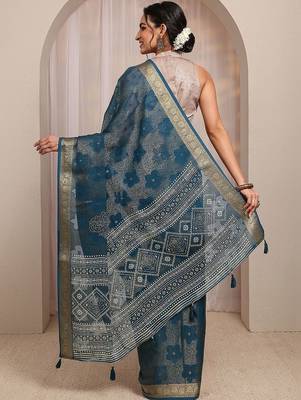 teal floral woven design saree with unstitched blouse piece 5