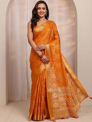 orange floral woven design saree with unstitched blouse piece 1