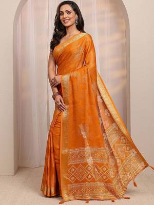 orange floral woven design saree with unstitched blouse piece 2