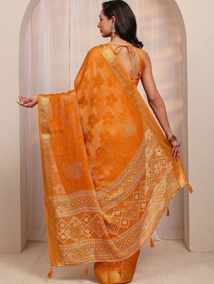 orange floral woven design saree with unstitched blouse piece 3