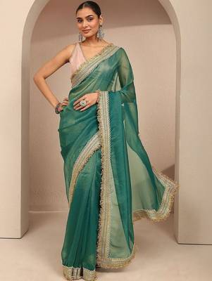 teal solid saree with unstitched blouse piece 2