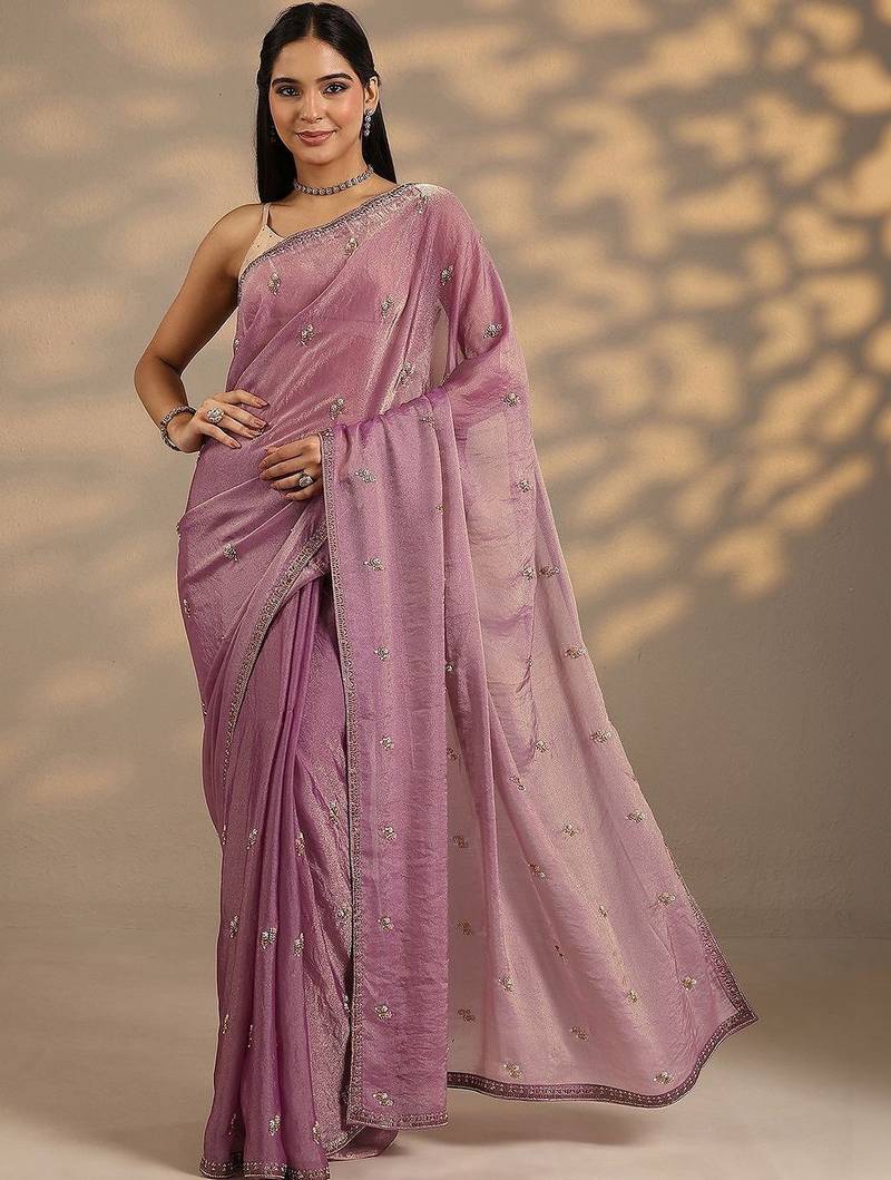 lavender embellished saree with unstitched blouse piece
