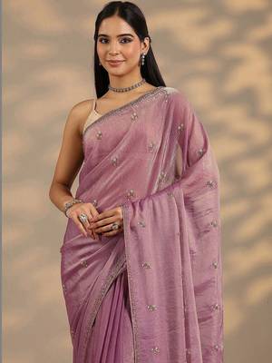 lavender embellished saree with unstitched blouse piece 2