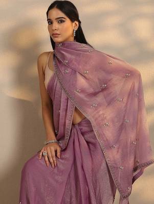lavender embellished saree with unstitched blouse piece 5