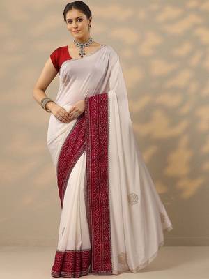 off white embellished crepe saree with unstitched blouse piece 1