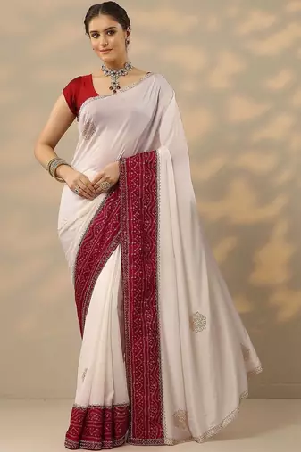 off white embellished crepe saree with unstitched blouse piece