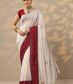 off white embellished crepe saree with unstitched blouse piece