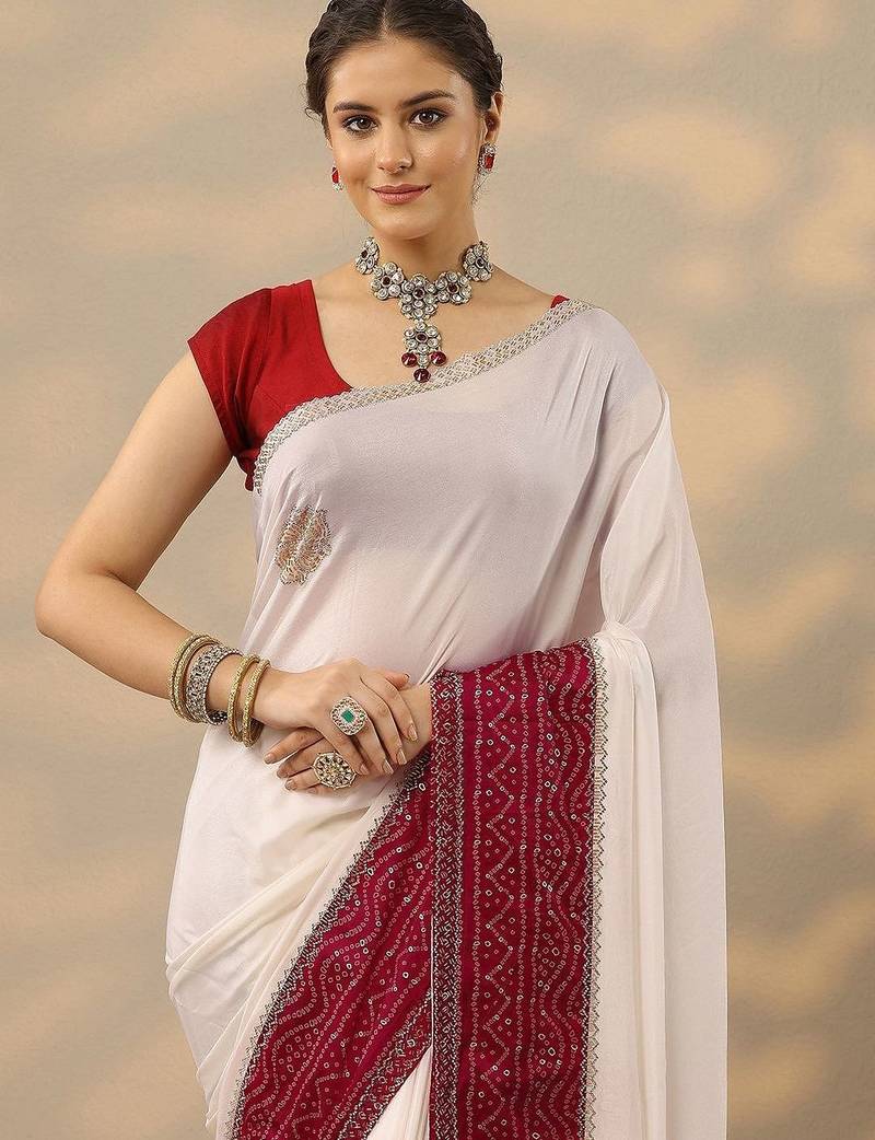 off white embellished crepe saree with unstitched blouse piece