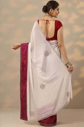 off white embellished crepe saree with unstitched blouse piece