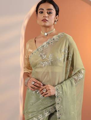 green embellished jimmy choo organza saree with unstitched blouse piece 1