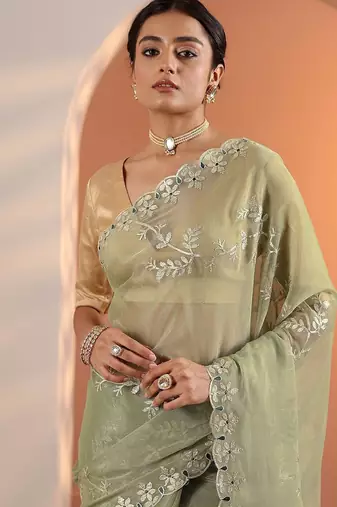 green embellished jimmy choo organza saree with unstitched blouse piece