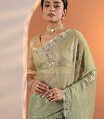 green embellished jimmy choo organza saree with unstitched blouse piece