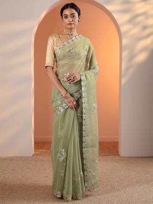 green embellished jimmy choo organza saree with unstitched blouse piece 2