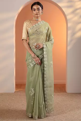 green embellished jimmy choo organza saree with unstitched blouse piece