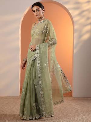 green embellished jimmy choo organza saree with unstitched blouse piece 3