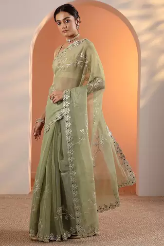 green embellished jimmy choo organza saree with unstitched blouse piece