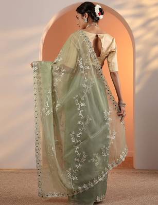 green embellished jimmy choo organza saree with unstitched blouse piece 4