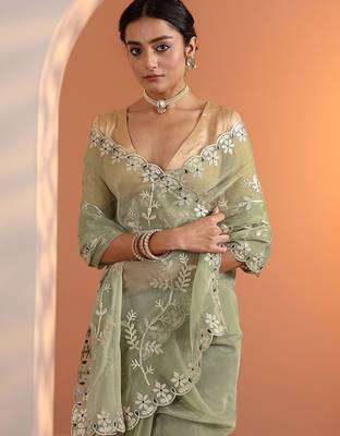 green embellished jimmy choo organza saree with unstitched blouse piece 5