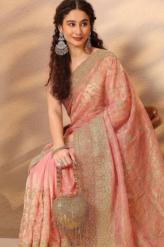 pink embroidered nylon saree with unstitched blouse piece