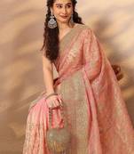 pink embroidered nylon saree with unstitched blouse piece