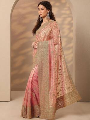 pink embroidered nylon saree with unstitched blouse piece 2