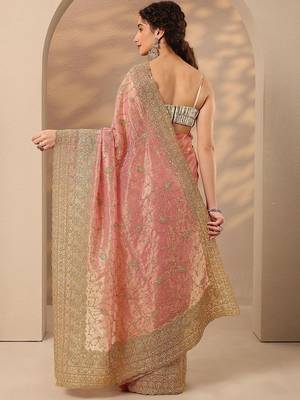 pink embroidered nylon saree with unstitched blouse piece 3