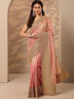 pink embroidered nylon saree with unstitched blouse piece 4