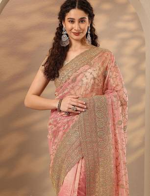 pink embroidered nylon saree with unstitched blouse piece 5