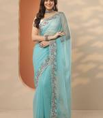 blue embroidered chiffon saree with unstitched blouse piece