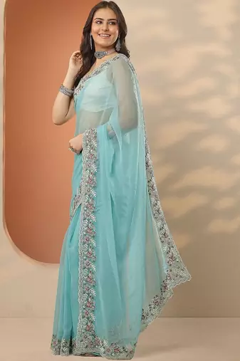 blue embroidered chiffon saree with unstitched blouse piece