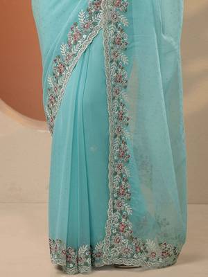 blue embroidered chiffon saree with unstitched blouse piece 3