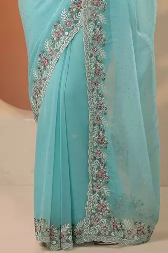 blue embroidered chiffon saree with unstitched blouse piece