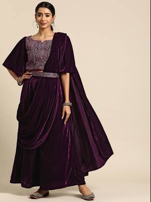 burgundy embellished embroidered velvet palazzo saree with belt 1