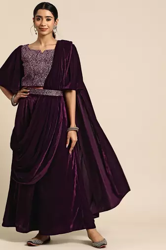 burgundy embellished embroidered velvet palazzo saree with belt