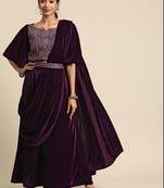 burgundy embellished embroidered velvet palazzo saree with belt